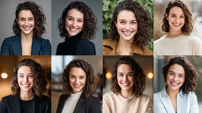 Variety of AI headshot output styles, backgrounds and outfits
