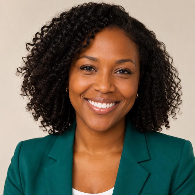 Realistic AI headshot of a smiling woman in a green blazer that looks recognizably like her