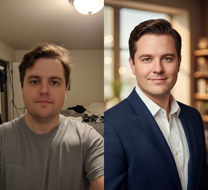 AI-generated professional headshot with optimal posing angles and flattering lighting