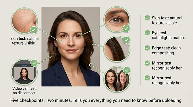 Five point quality checklist for AI headshots showing mirror test skin test eye test edge test and video call test