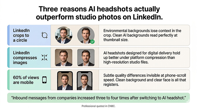 Diagram showing why AI headshots perform well on LinkedIn due to circular cropping image compression and mobile viewing