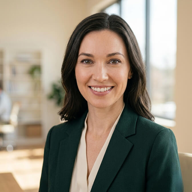 Professional AI headshot of a woman in a dark green blazer and cream blouse against a softly blurred office background showing the warm, even, flattering light AI tools produce on every frame
