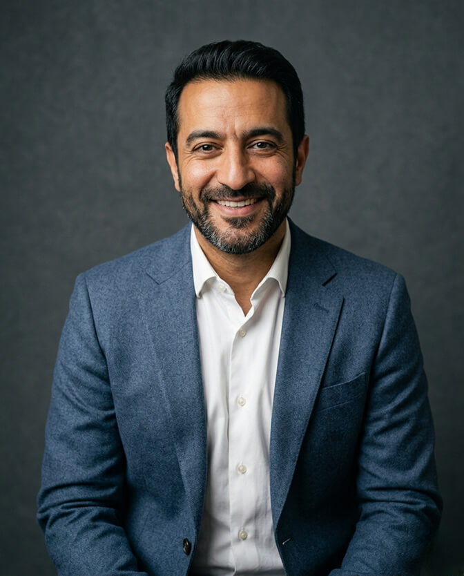 Professional AI headshot of a man in a blue blazer and white shirt against a dark studio background with a warm genuine smile showing the kind of accurate, recognizable likeness a quality AI tool preserves