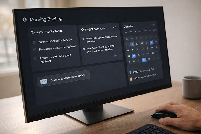 Solopreneur operations layer with AI handling morning briefings, client emails, and admin tasks