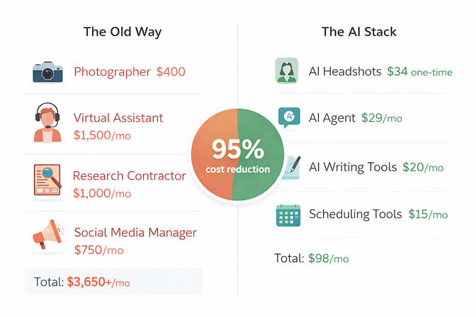 Cost comparison chart showing AI stack at $49 to $109 per month versus hiring at $2000 to $5000 per month