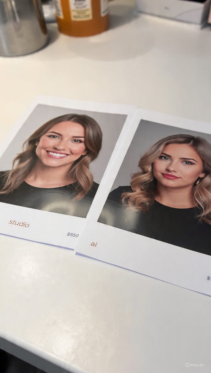 Side by side quality comparison of $34 AI headshot and $350 studio headshot