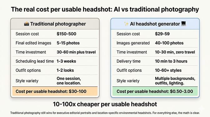 Cost comparison between AI headshot generators and traditional photography sessions
