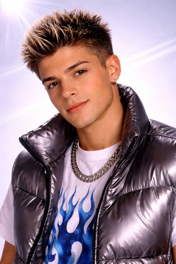 AI Y2K photo of a young man in a metallic puffer and flame graphic tee with early-2000s styling