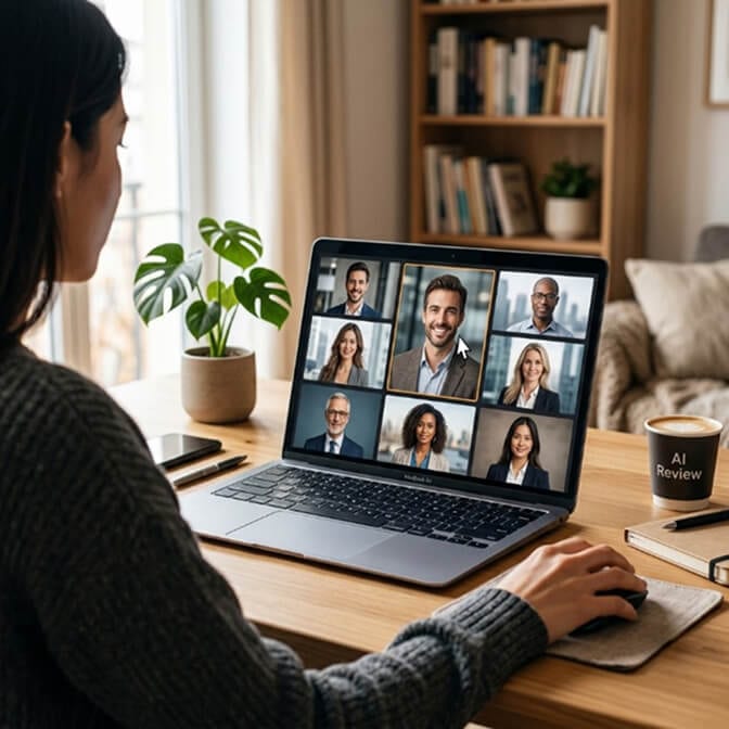 Reviewing a batch of AI headshot results on a laptop at a home desk