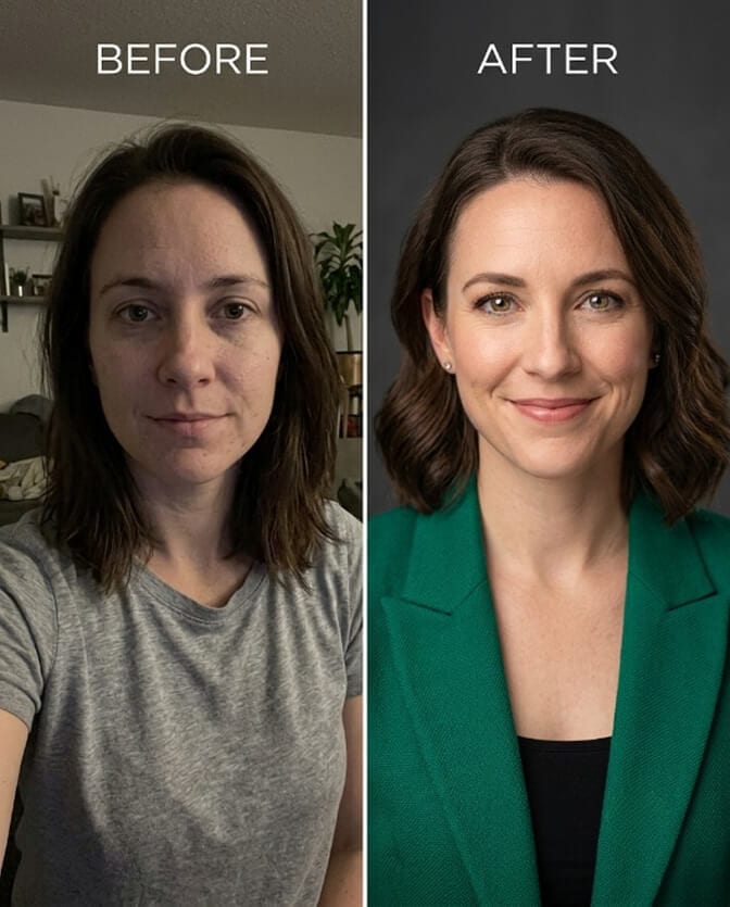 Before and after comparison of a casual selfie turned into a professional AI headshot
