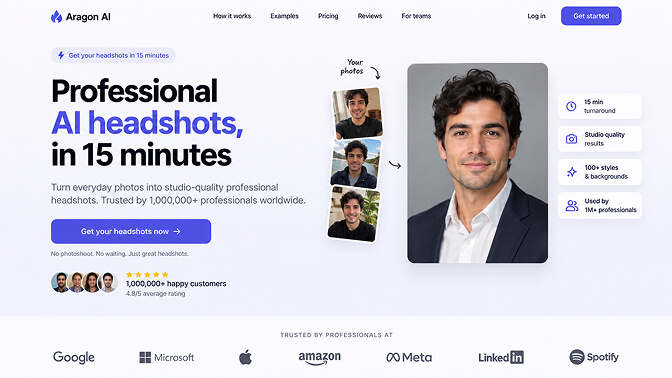 Aragon AI homepage with the headline Professional AI headshots in 15 minutes, showing three source selfies transforming into one polished studio headshot alongside turnaround and style badges.