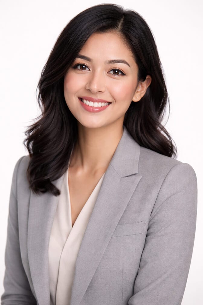 Polished, realistic AI headshot of a woman in a grey blazer that passes both the likeness rule and the recruiter test