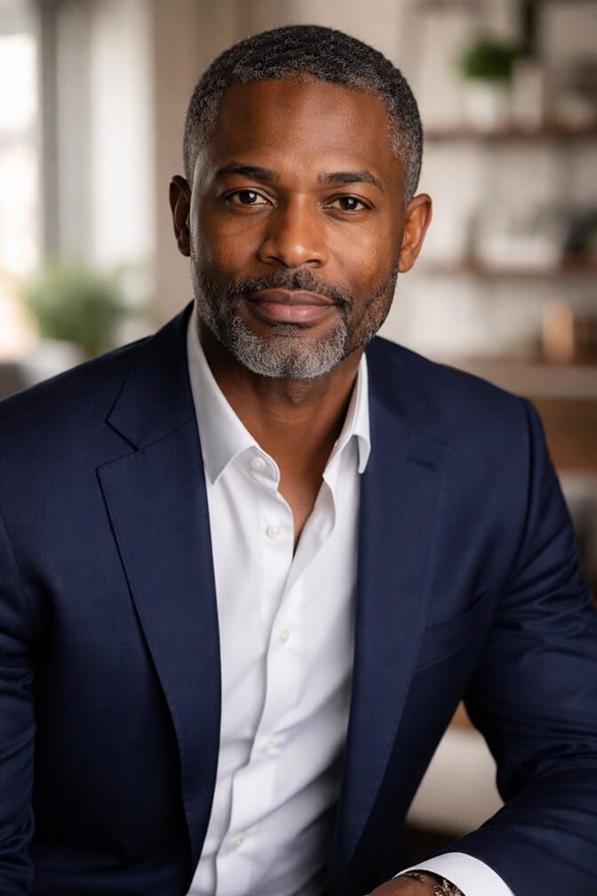 Professional AI headshot of a man in a navy blazer that clearly reflects his real likeness