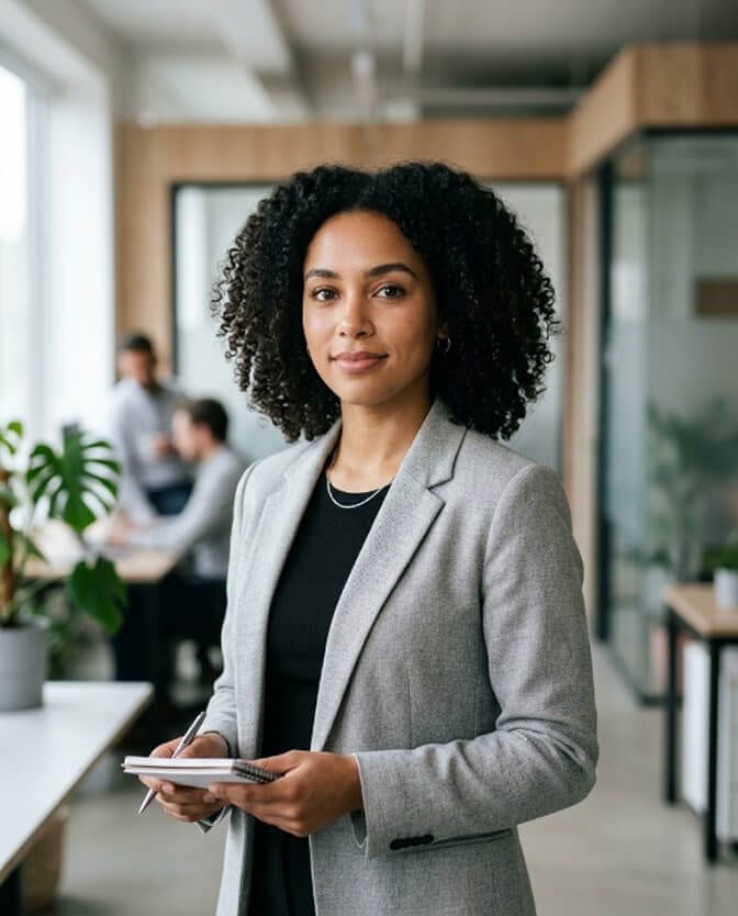Professional headshot of a woman in a grey blazer holding her phone, illustrating consent over where your face goes