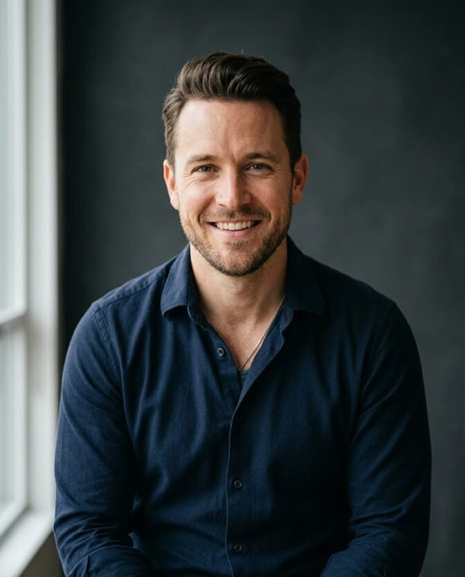 Natural professional headshot of a man in a dark sweater that looks recognizably like himself