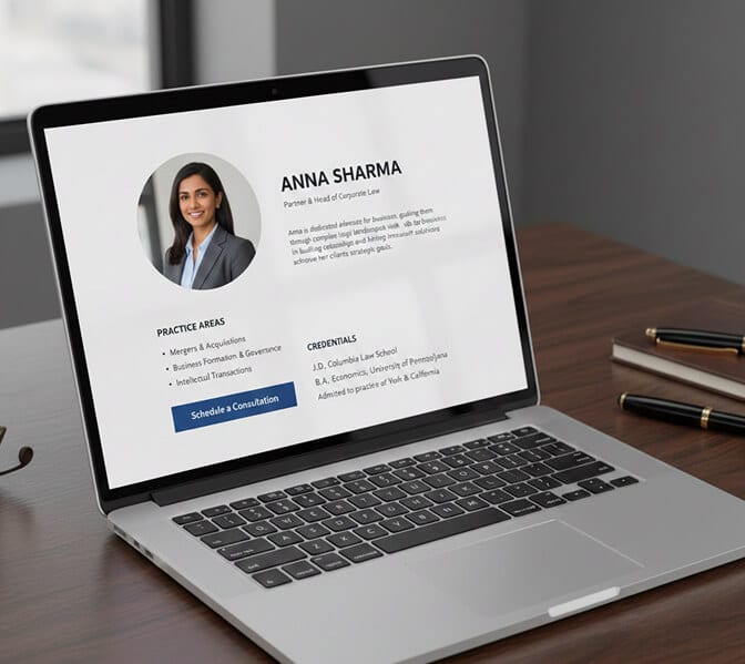 attorney bio page with professional headshot and compelling narrative