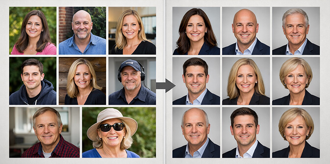 Side-by-side comparison of inconsistent team headshots with mismatched lighting and backgrounds versus unified AI-generated team headshots with consistent professional styling