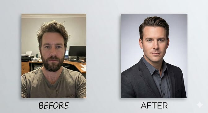 Before and after comparison of casual photo transformed into polished professional headshot using AI technology