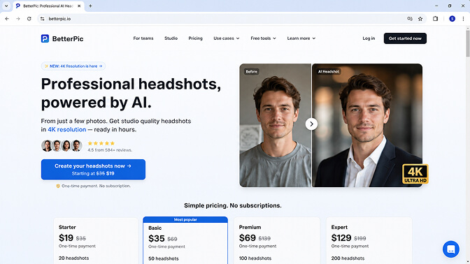 BetterPic homepage showing a before and after headshot comparison with a 4K Ultra HD badge, above a simple pricing row of $19, $35, $69 and $129 one-time plans.