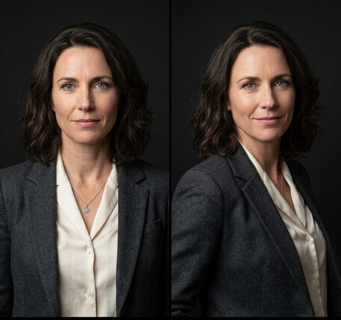 Businesswoman posed with shoulders turned 30 to 45 degrees from the camera and eyes back to the lens, looking dimensional and at ease
