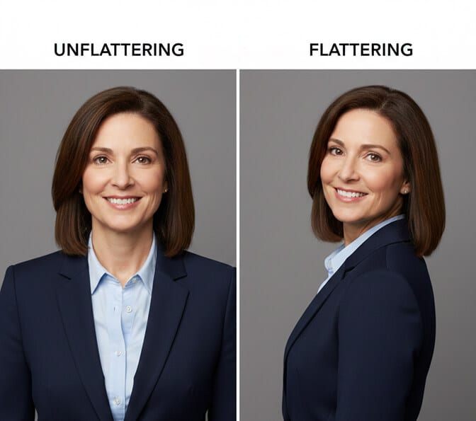 Turning the body 45 degrees to create jawline definition in a headshot