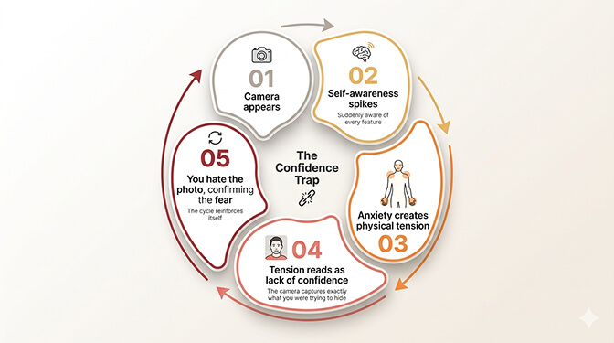 Person showing visible physical tension and anxiety in front of a camera