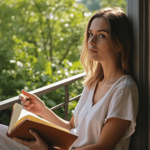 creative portrait of a woman reading a book by a window with natural lighting