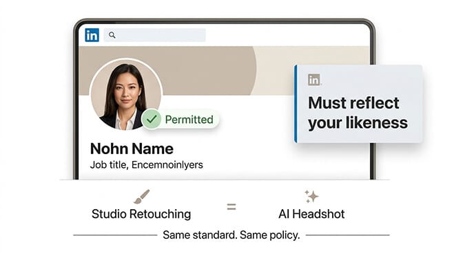 LinkedIn profile settings page showing photo upload section highlighting that AI enhanced photos reflecting your likeness are permitted
