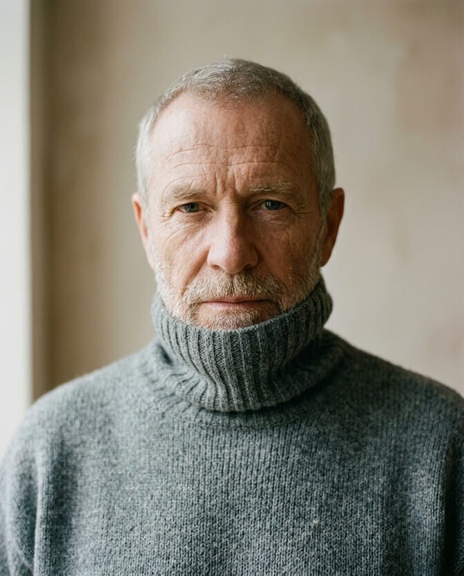 A real unedited photo of an older man in a grey turtleneck against a plain wall in even front light illustrating that passport photos must be real with no AI or filters