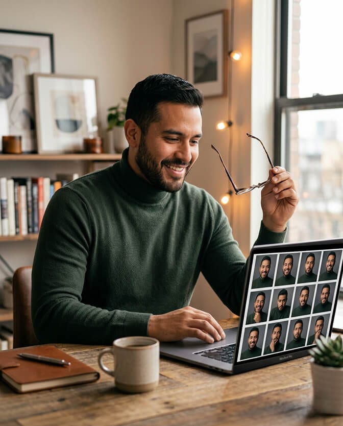 Man in a green turtleneck smiling as he reviews a grid of professional AI headshots on a laptop in a cozy home office