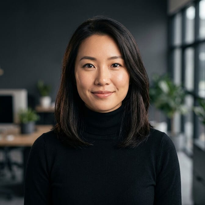 Professional headshot of a woman in a sleek black turtleneck against a softly blurred modern office background showing how a turtleneck reads as confident in a professional photo