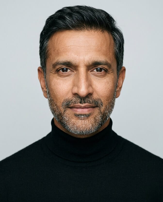Passport style photo of a bearded man in a slim black turtleneck against a plain light grey background with his full chin and jawline clearly visible above the collar