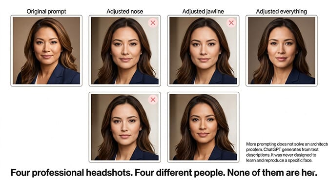 Multiple ChatGPT headshot attempts showing different but consistently inaccurate facial features