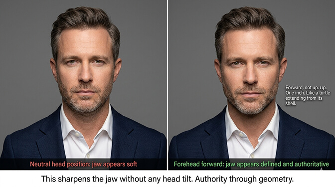 Demonstration of the forehead forward chin push technique for a defined jawline