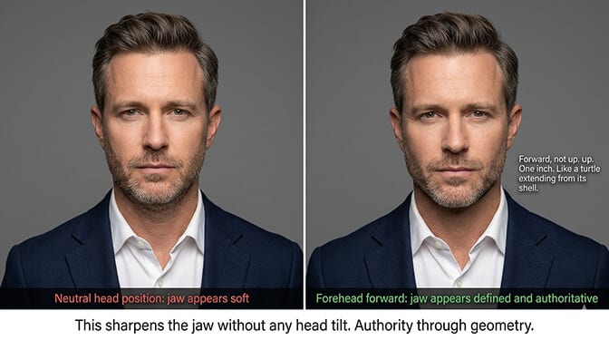 Demonstration of the forehead forward chin push technique for a defined jawline