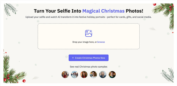 A screenshot of an AI-powered tool that turns selfies into magical Christmas portraits, showcasing examples of generated photos with festive backgrounds.