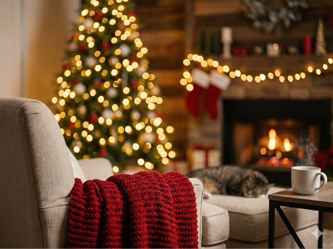 Cozy Christmas scene featuring a red knitted blanket draped over a chair, a decorated Christmas tree with glowing lights in the background, a warm fireplace, and a steaming cup of coffee on a table, with a cat resting nearby