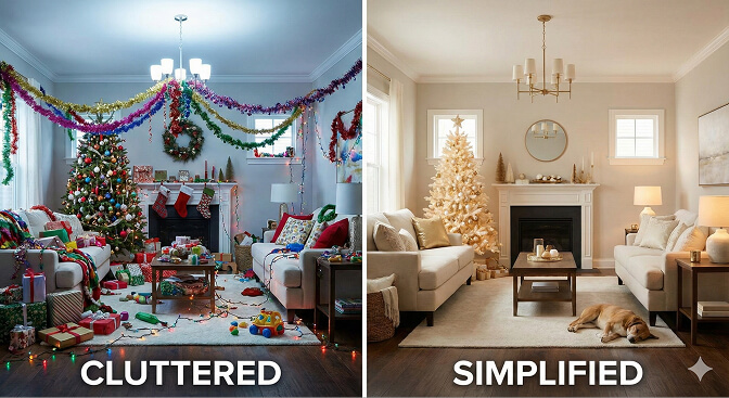 A comparison of a cluttered Christmas living room with colorful decorations and a simplified minimalist version with a white Christmas tree and subtle decor.