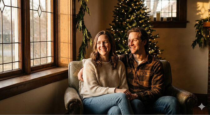 A smiling couple sitting together on a cozy armchair, surrounded by warm window light, with a beautifully decorated Christmas tree in the background.