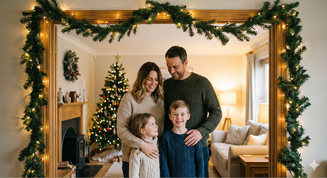 A family of four standing together, framed by a garland-wrapped doorframe with Christmas lights, in front of a decorated Christmas tree and cozy living room backdrop.