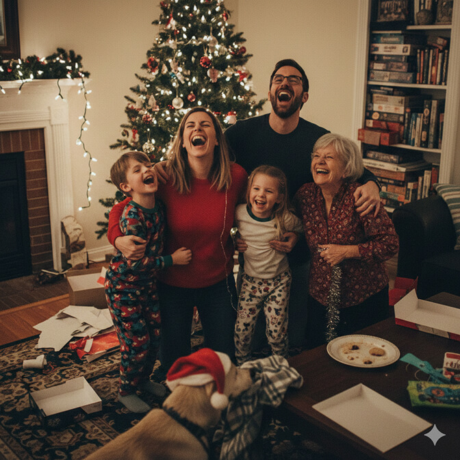 A joyful family of six laughing and hugging each other in front of a decorated Christmas tree, with a dog in the foreground and a festive atmosphere filled with gifts and decorations.