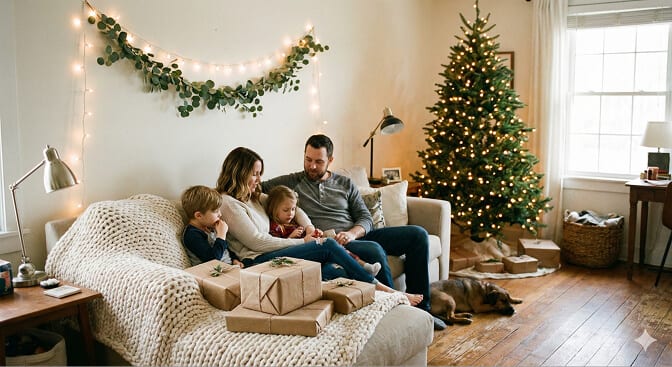 A family sitting together on a cozy sofa in front of a Christmas tree, surrounded by wrapped gifts and twinkling lights, with a dog resting on the floor.