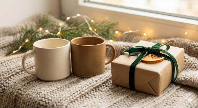 Two ceramic mugs of hot cocoa with whipped cream and candy canes, placed next to a wrapped gift on a cozy knitted blanket, with soft glowing lights in the background.
