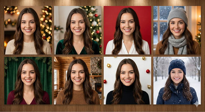 A collection of eight Christmas portraits of a smiling woman in various festive settings, such as a Christmas tree, snowy outdoor scenes, and cozy indoor environments.