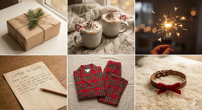 A collage of Christmas-themed props including a wrapped gift, hot cocoa mugs with candy canes, a sparkler, a letter to Santa, plaid pajamas, and a red bow dog collar.