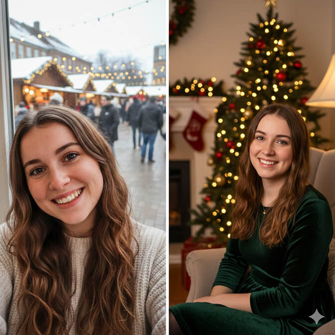A young woman smiling in a cozy sweater in front of a Christmas market scene with snow, and another smiling portrait in front of a decorated Christmas tree, both capturing festive holiday vibes.