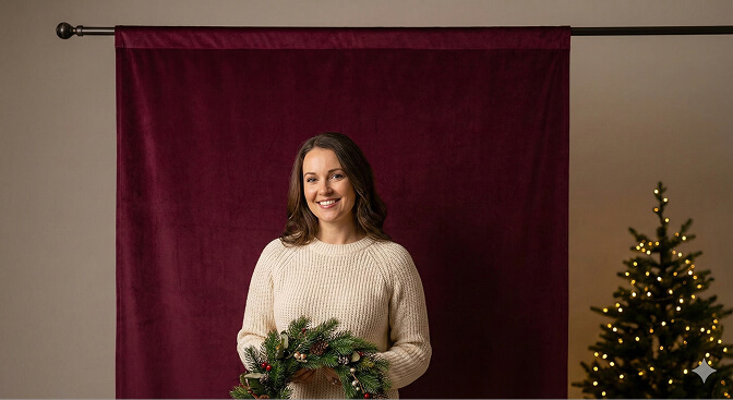 A woman smiling while holding a Christmas wreath in front of a rich burgundy velvet backdrop, with a Christmas tree softly glowing in the background.