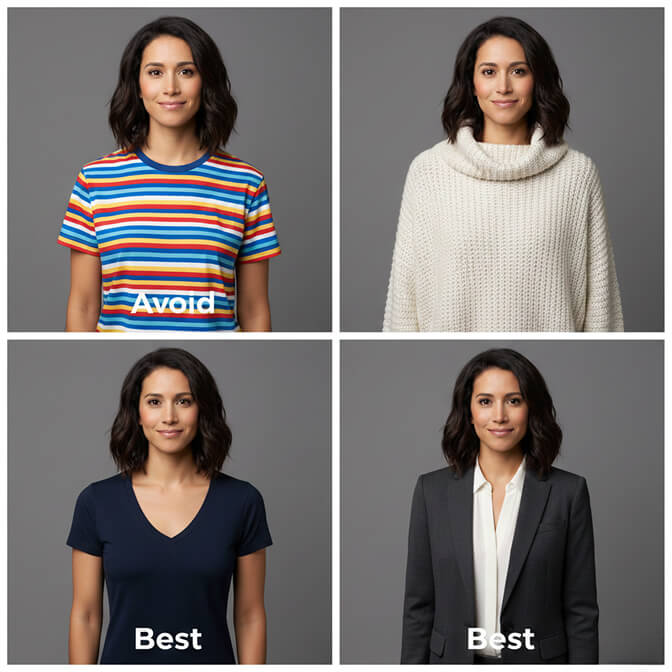 Person wearing dark solid-colored fitted clothing with a V-neckline for a slimming headshot look