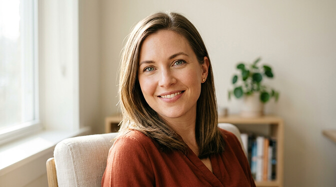 A woman smiling naturally into the camera during a video introduction