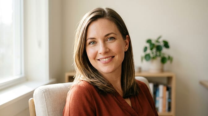 A woman smiling naturally into the camera during a video introduction
